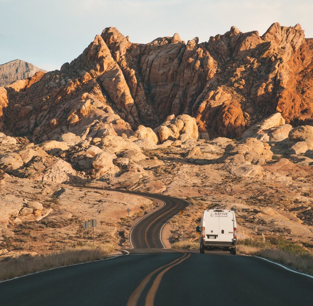 Campervan driving through Valley of Fire State Park