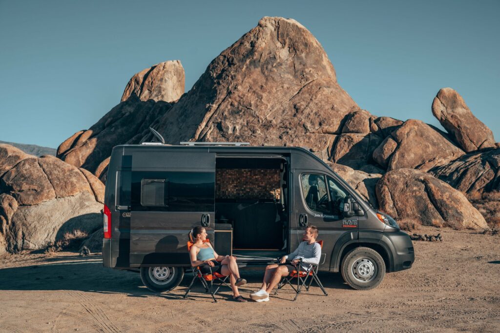 Campervan parked amongst the rocks in Alabama Hills