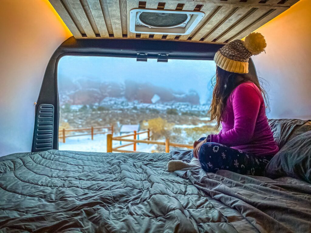 Winter Camping view from inside a campervan