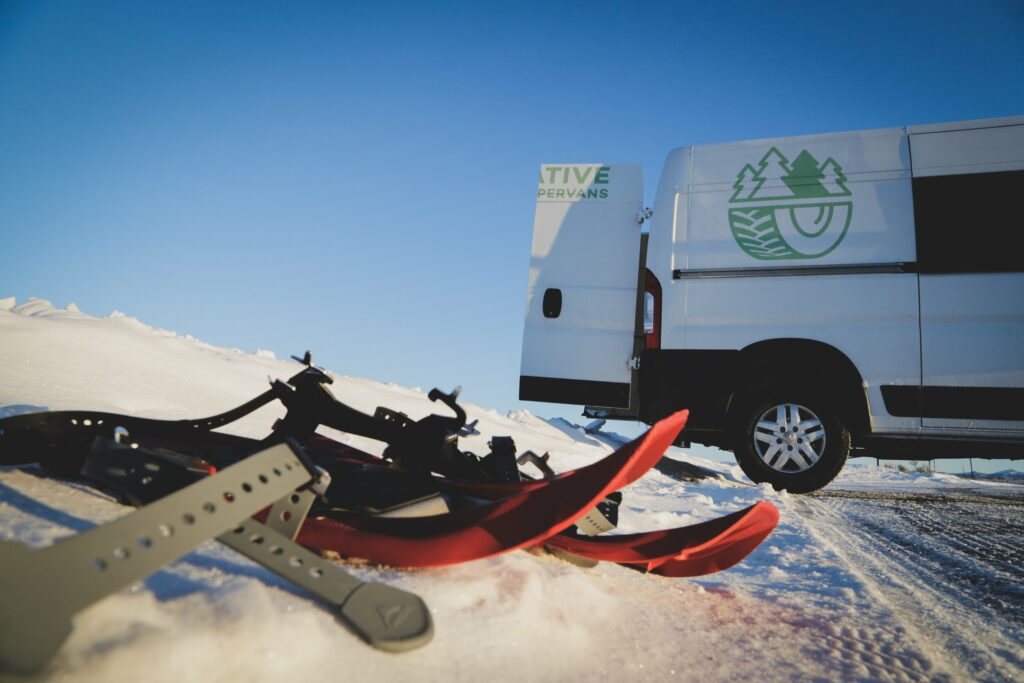 Winter Camping and snowshoeing near a Campervan