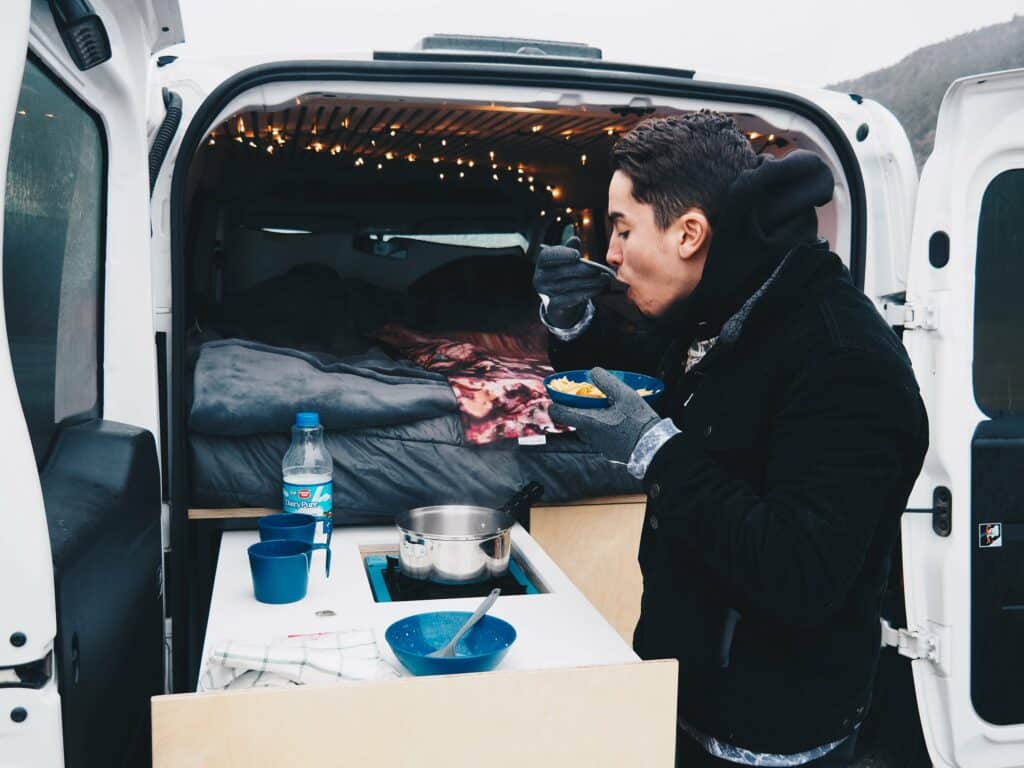 Cooking soup out of a Campervan in the Winter