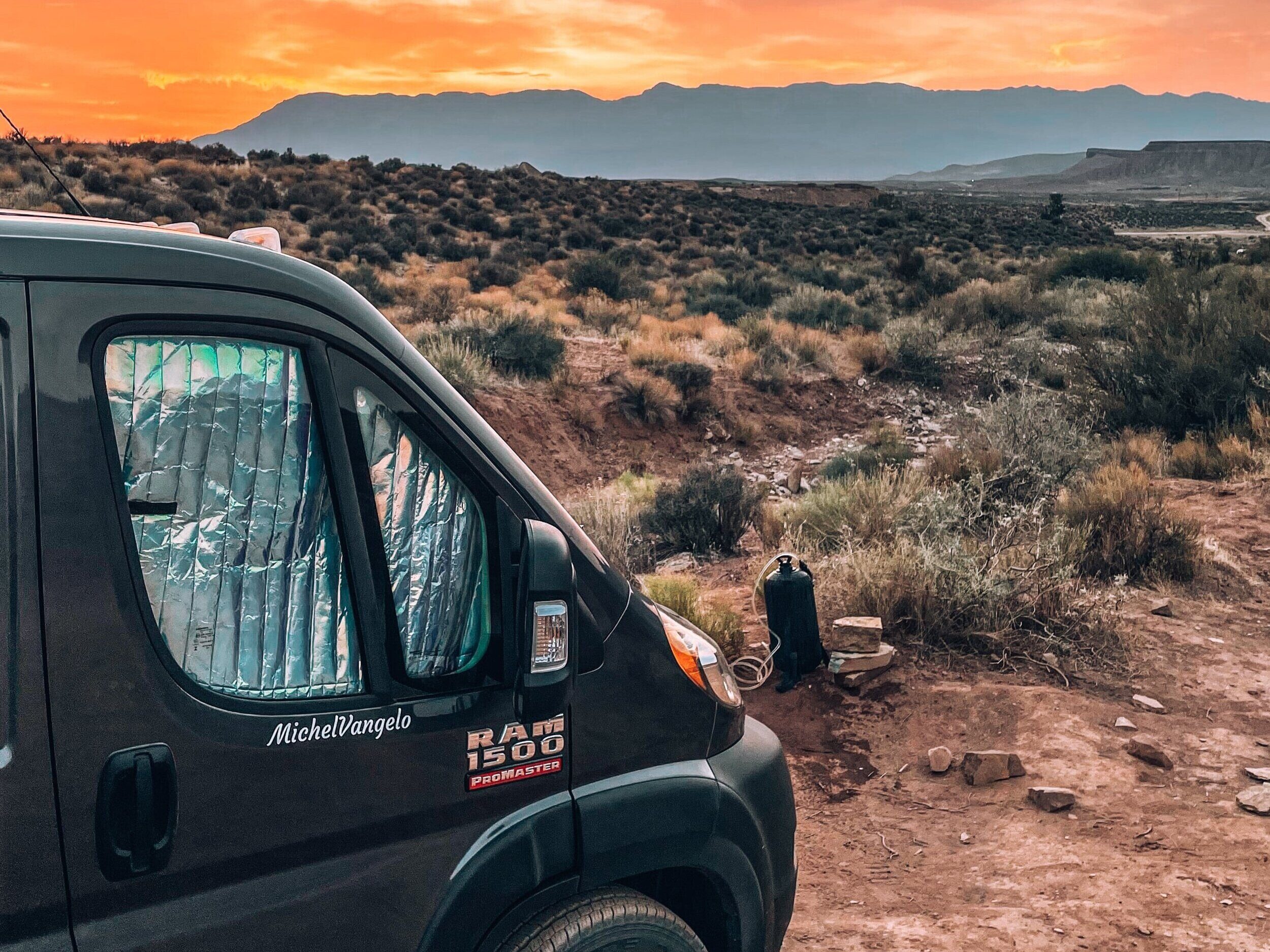 Campervan parked at sunset