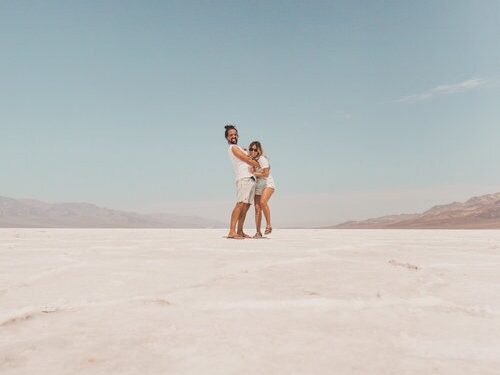 A couple hugging in the Salt Flats