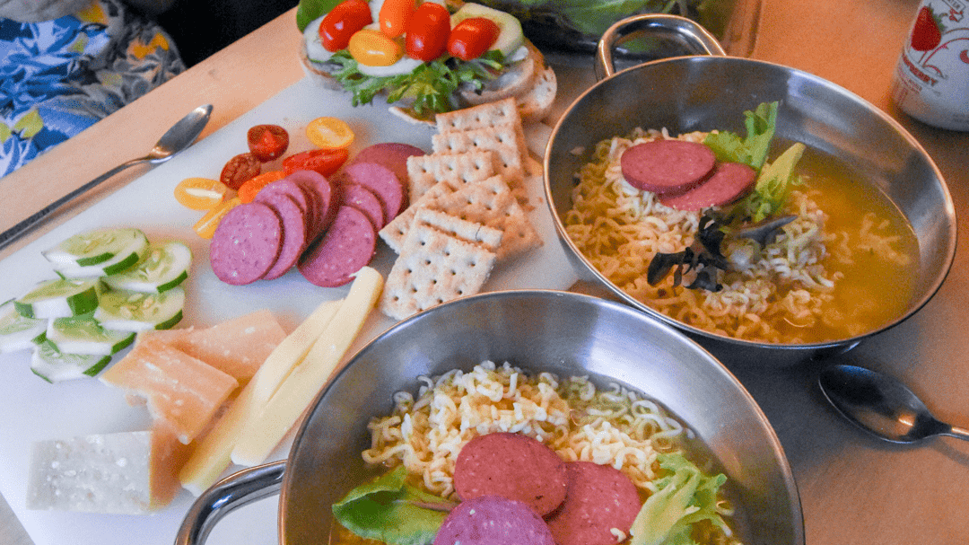 Bowl of ramen noodle and spread