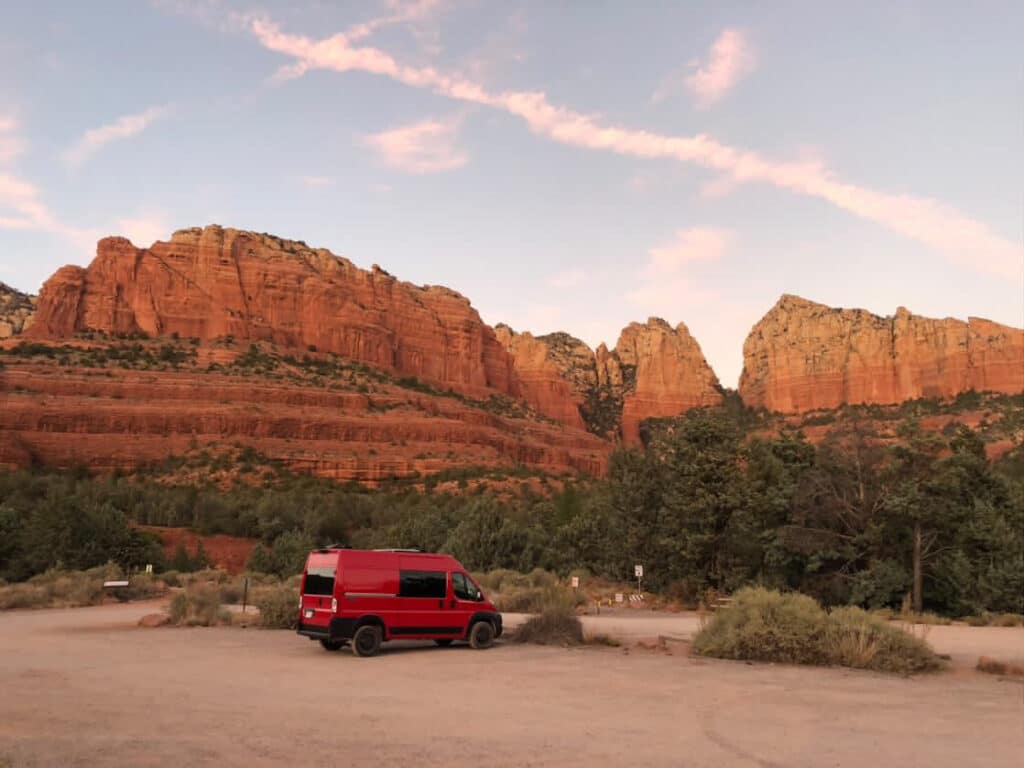 Red Campervan Rental parked in Sedona