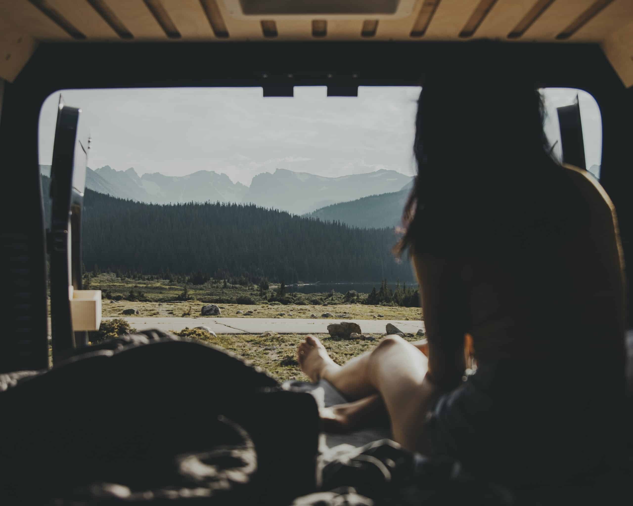 View in a Campervan looking at Glacier National Park